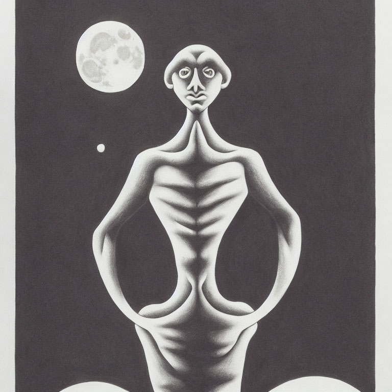 Monochromatic surreal figure with circular moons in contemplative pose
