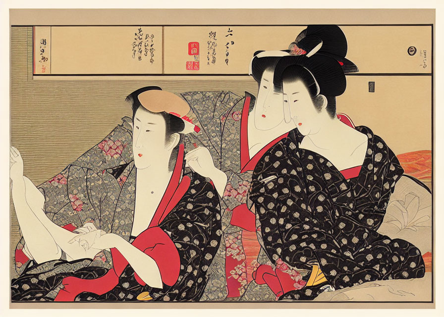 Traditional geishas in kimonos writing and watching with Japanese script background