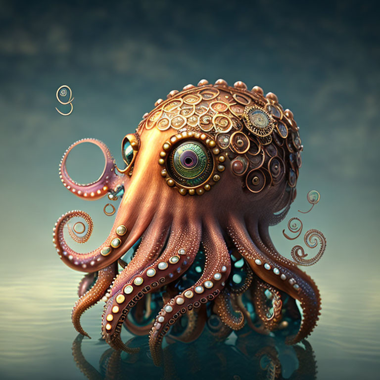 Steampunk-style octopus with mechanical features in reflective water setting