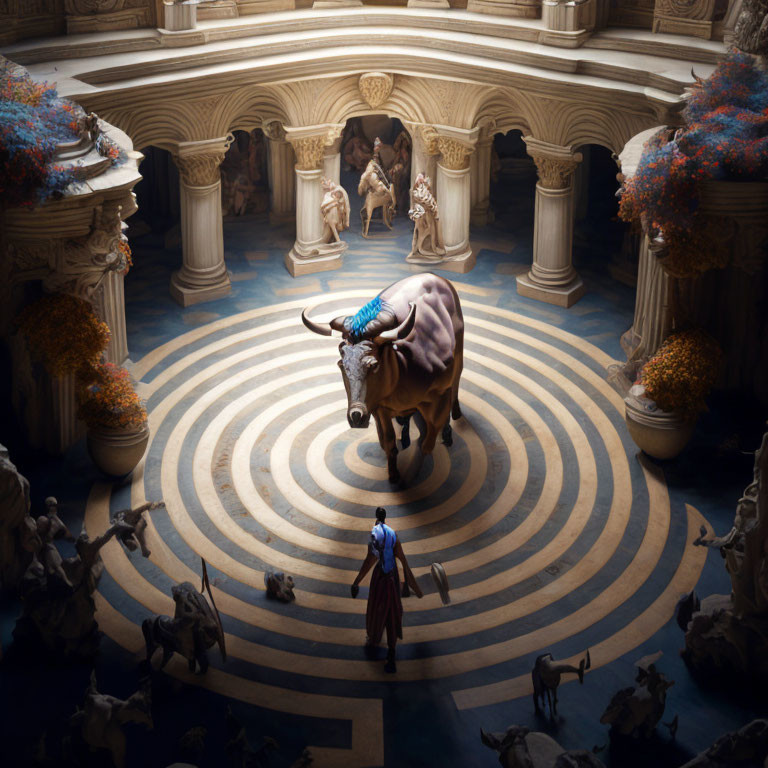 Person in Blue Cape in Grand Circular Hall with Bull Sculpture and Classical Statues