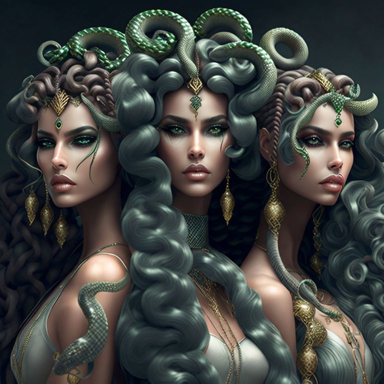 Three women with serpentine hair and green skin in gold jewelry and snake motifs.