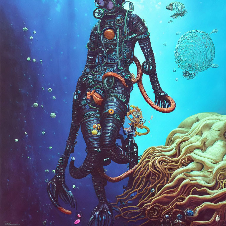 Detailed steampunk-inspired diver surrounded by marine life