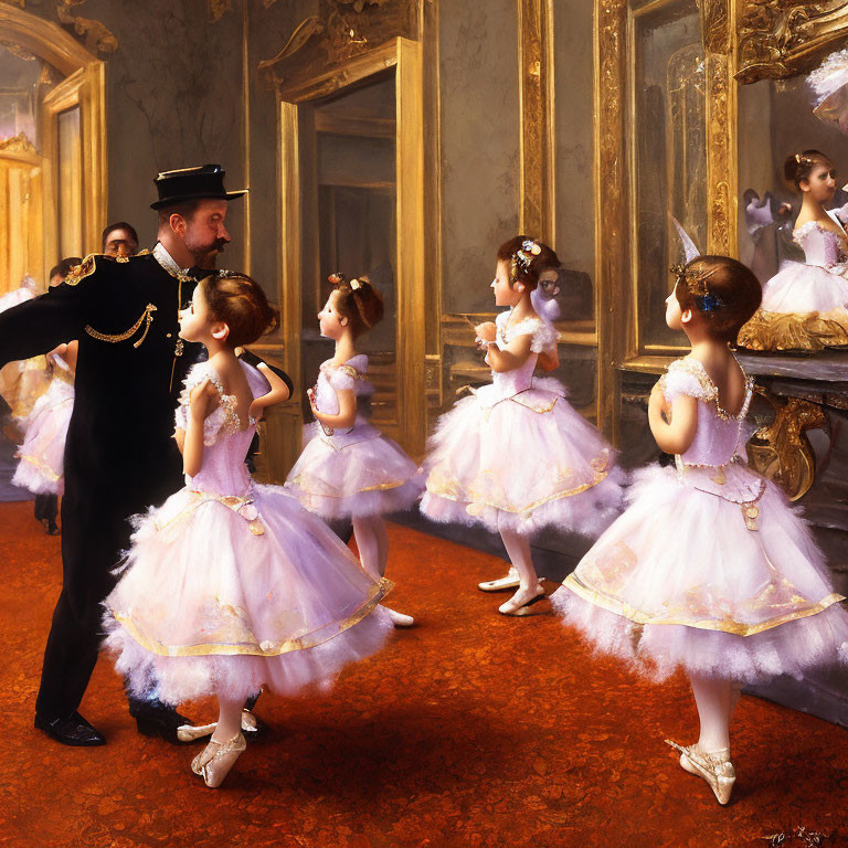 Young ballerinas guided by instructor in ornate mirrored dance studio.