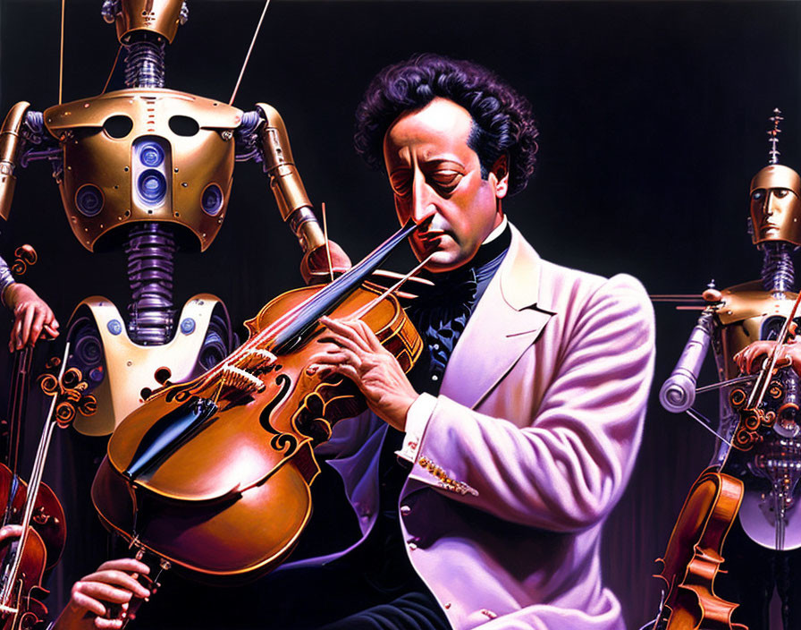Man playing violin with emotional robots in background.