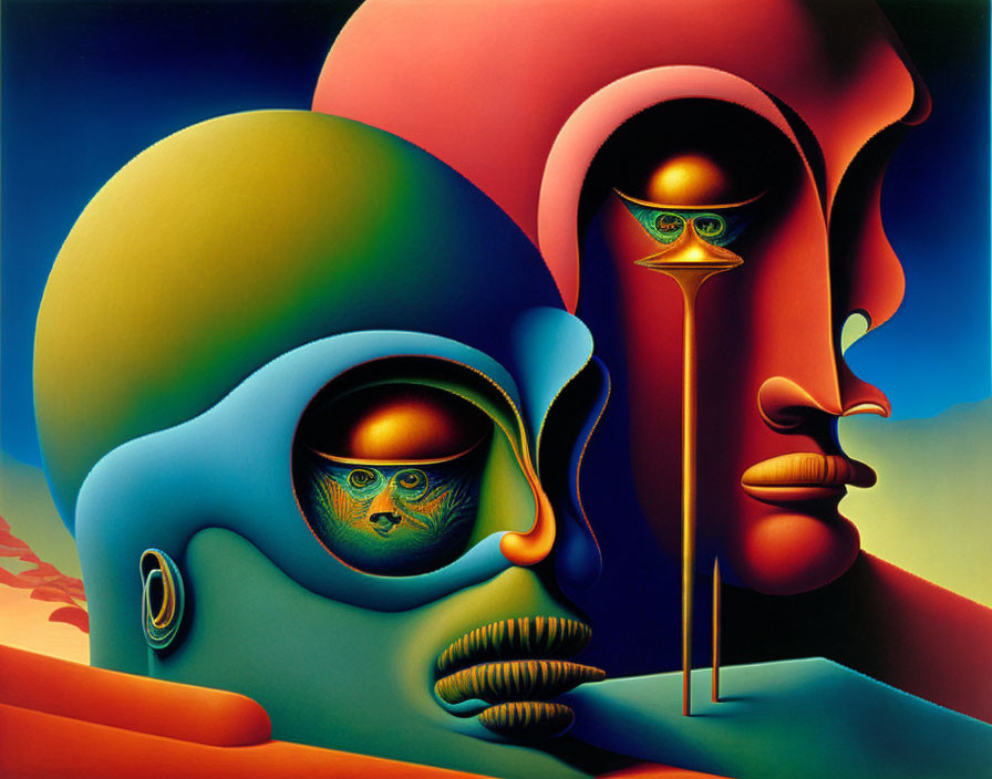 Colorful surreal artwork with abstract human faces and distorted shapes, one holding a golden mask.