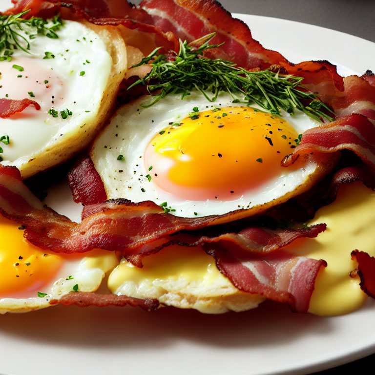 Vibrant sunny-side-up eggs on melted cheese with dill and bacon strips