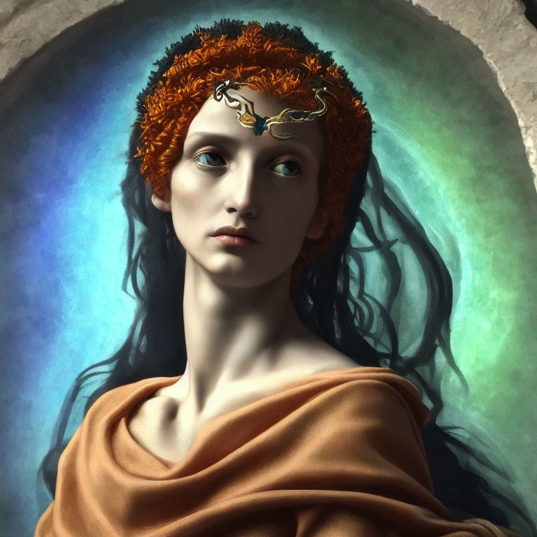 Portrait of a person with golden headpiece, red hair, blue eyes, and rust-colored garment