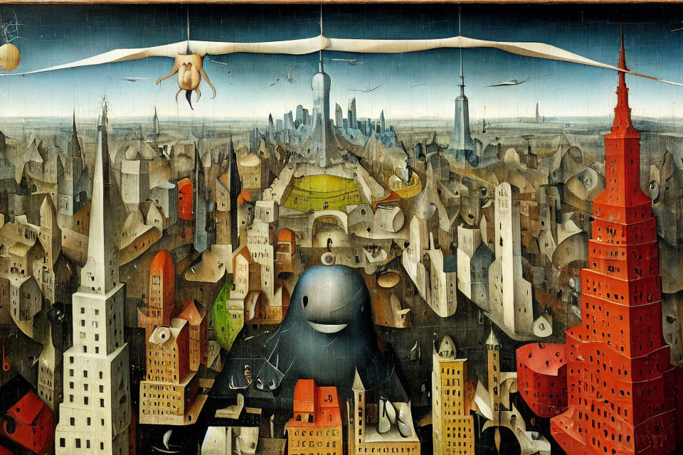 Eclectic surreal cityscape with giant creatures and golden dome