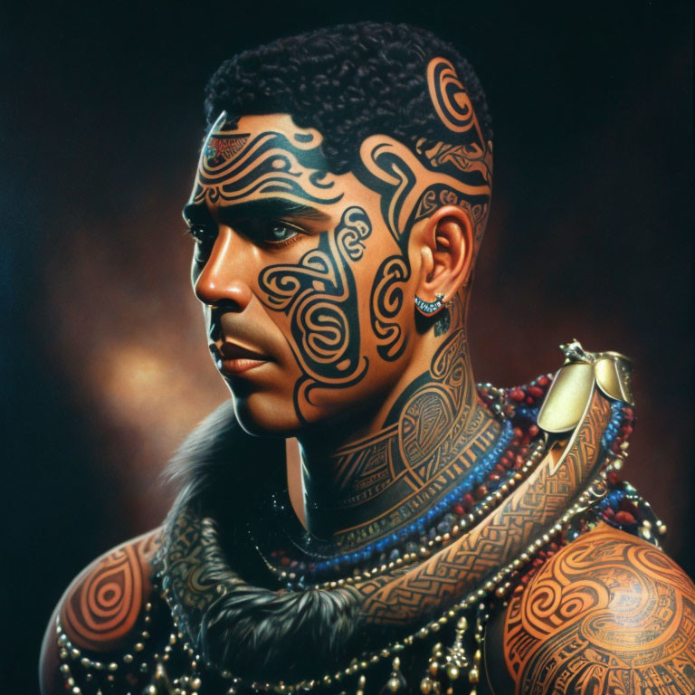Man with Tribal Face Tattoos in Traditional Attire and Beadwork