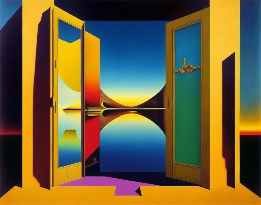 Colorful Surrealist Painting: Room with Open Doors to Sunset Landscape
