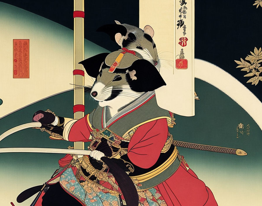 Anthropomorphic mice in samurai armor with bow and arrow in Japanese setting
