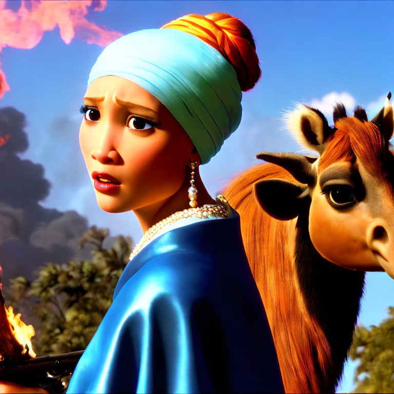 Concerned female animated character with turquoise headwrap and giraffe in background observing off-screen scene