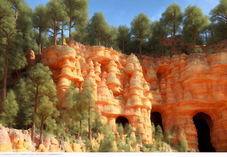 Orange-Red Hoodoo Rock Formations with Green Pines in Vibrant Landscape