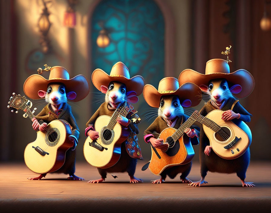 Four mice in cowboy hats playing guitars on a stage in a warm tavern setting
