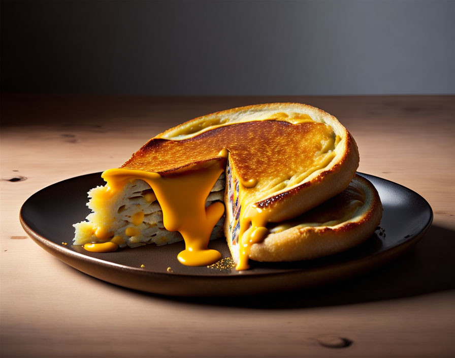Melty cheese oozing from grilled cheese sandwich on plate