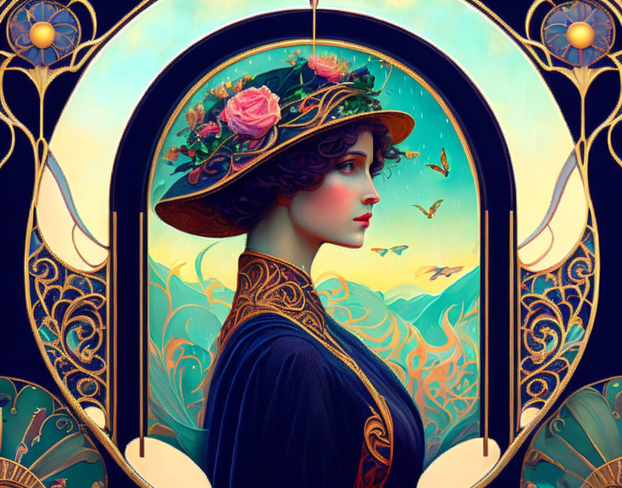 Elegant woman in wide-brimmed hat with Art Nouveau design elements