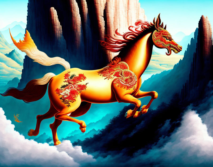 Mythical dragon-headed horse gallops in mountain sky