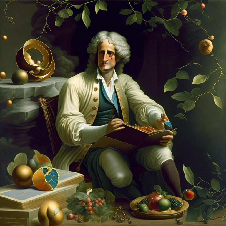 Traditional painting of man with long white hair, book, geometric tools, fruit, and foliage.