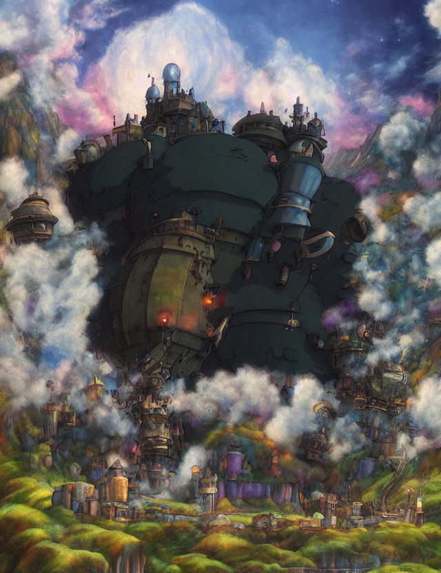 Whimsical steampunk-style floating city in vibrant mountain landscape