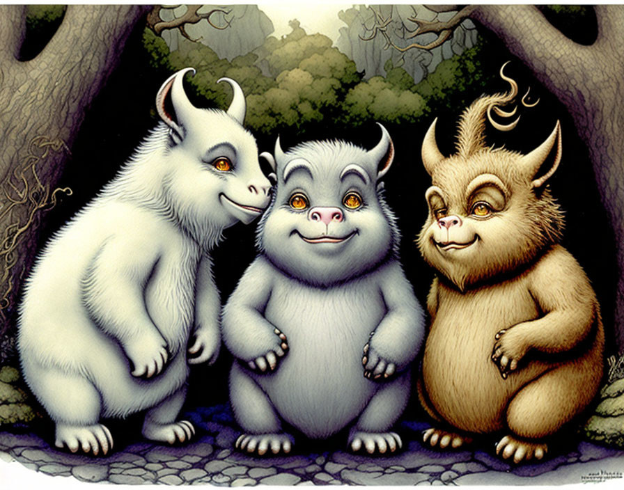 Three horned, smiling furry creatures in forest clearing surrounded by trees