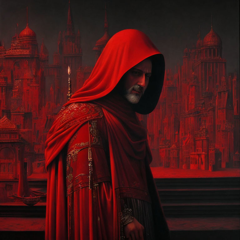 Man in Red Cloak Stands by Candle in Gothic Cityscape