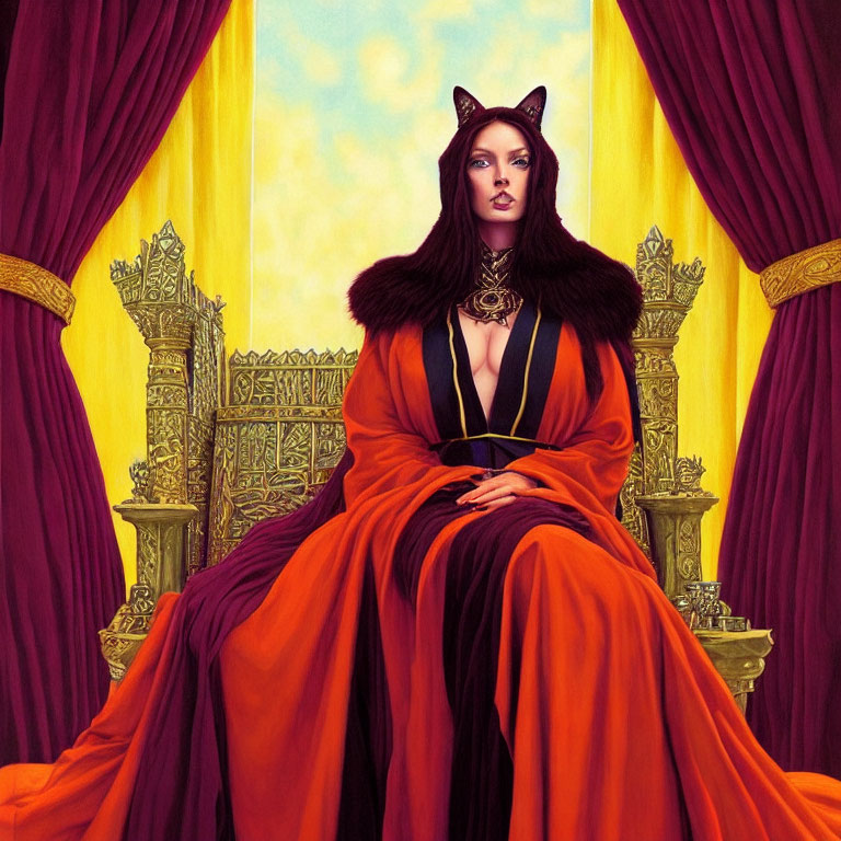 Regal woman with cat ears in orange robe on throne surrounded by golden-red drapes