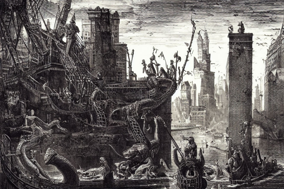 Monochromatic illustration of giant serpents attacking a city with people in panic.