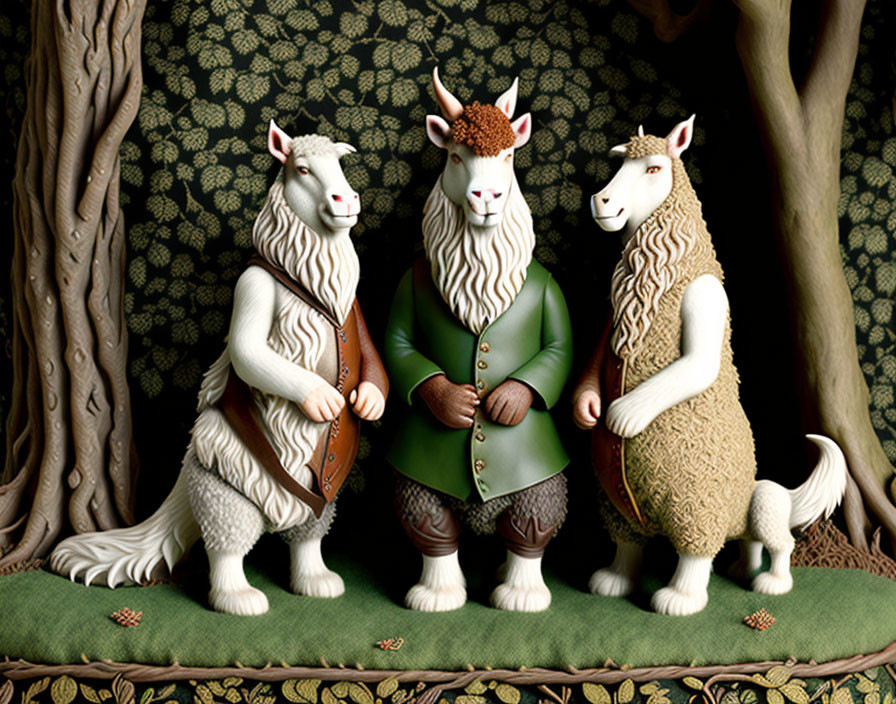 Three anthropomorphic goats in medieval attire in forest setting