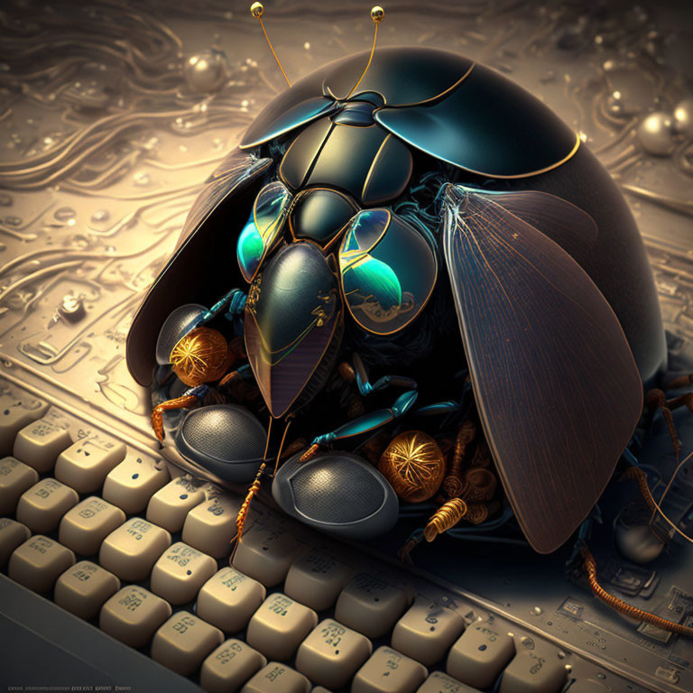 Detailed Hyper-Realistic Digital Artwork: Mechanical Beetle on Computer Keyboard