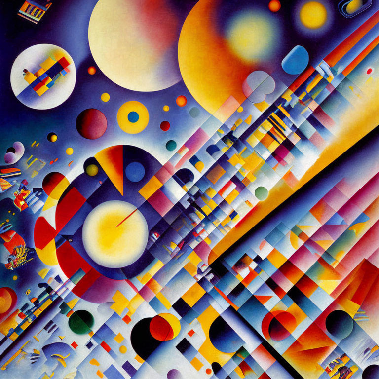 Colorful Abstract Geometric Painting with Spheres, Triangles, and Intersecting Lines