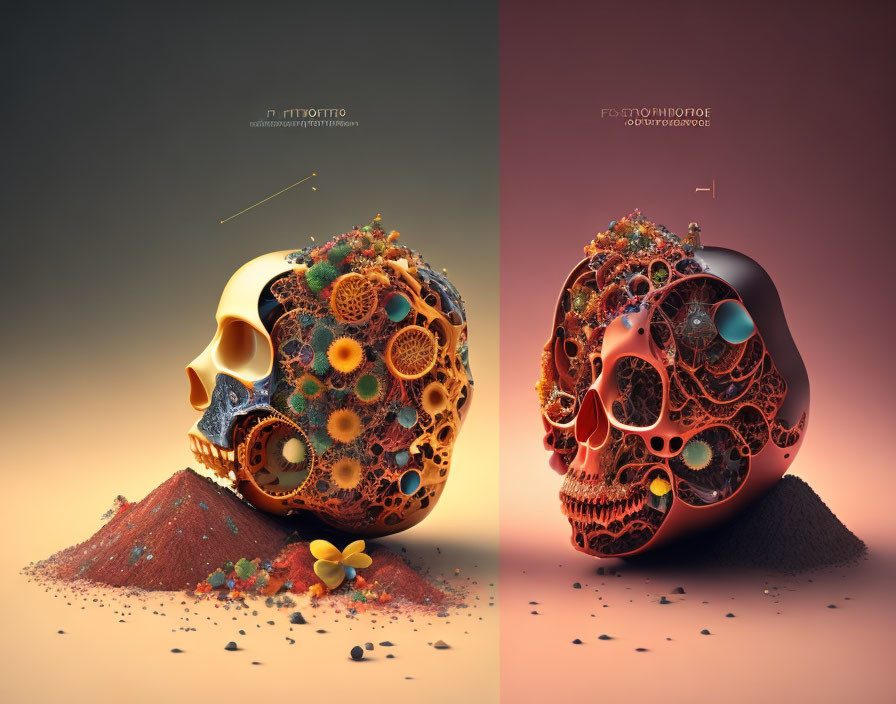 Surreal image of merged skull halves with ornate patterns and colorful flora