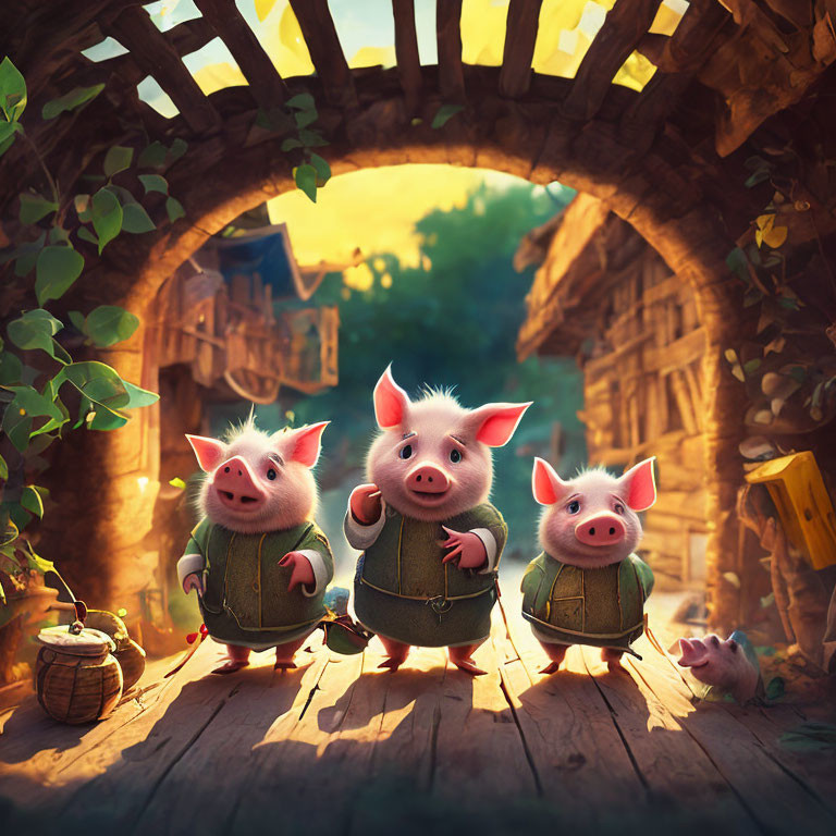 Animated pigs with items in stone archway against sunset-lit forest