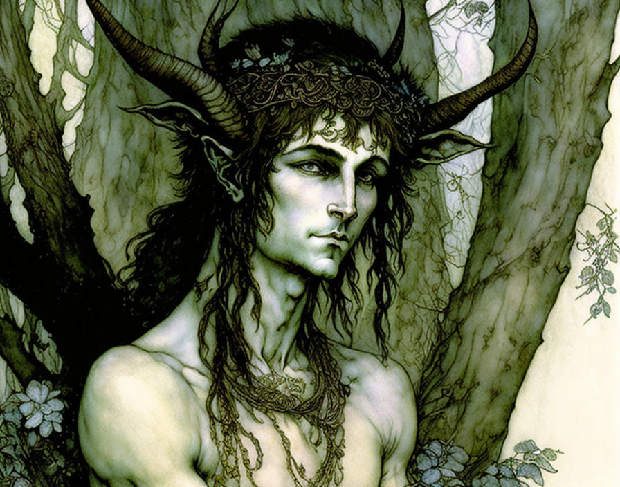 Mythical creature illustration with horns, pointed ears, and intense gaze surrounded by vines and woodland elements