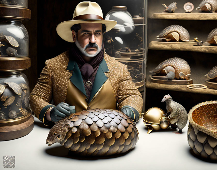 Vintage Attired Man with Live Pangolin and Patterns