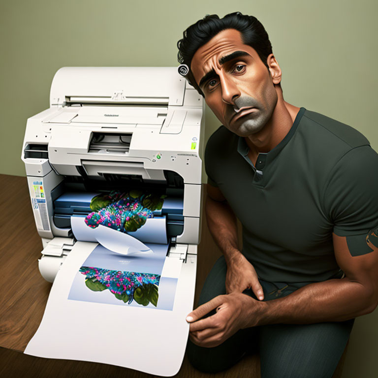 Man observing colorful prints from white office printer