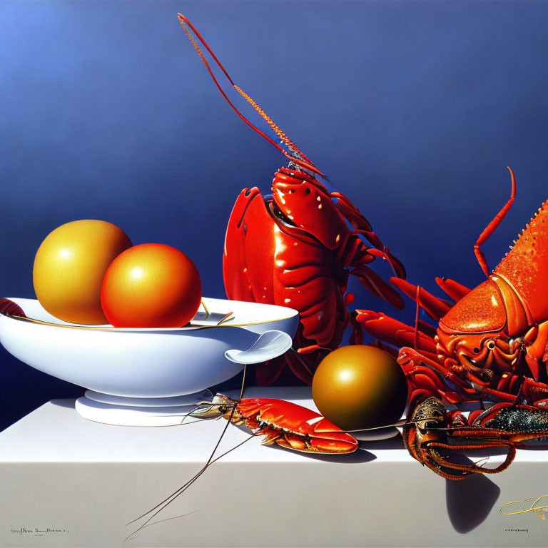 Hyper-realistic Painting of Red Lobster, Golden Eggs, and White Bowl