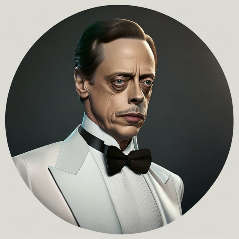 Illustration: Man with Slicked-Back Hair and Bow Tie on Circular Light Background