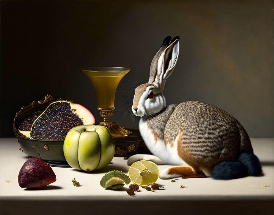 Realistic still life painting with rabbit, fruits, goblet, and seeds on draped surface