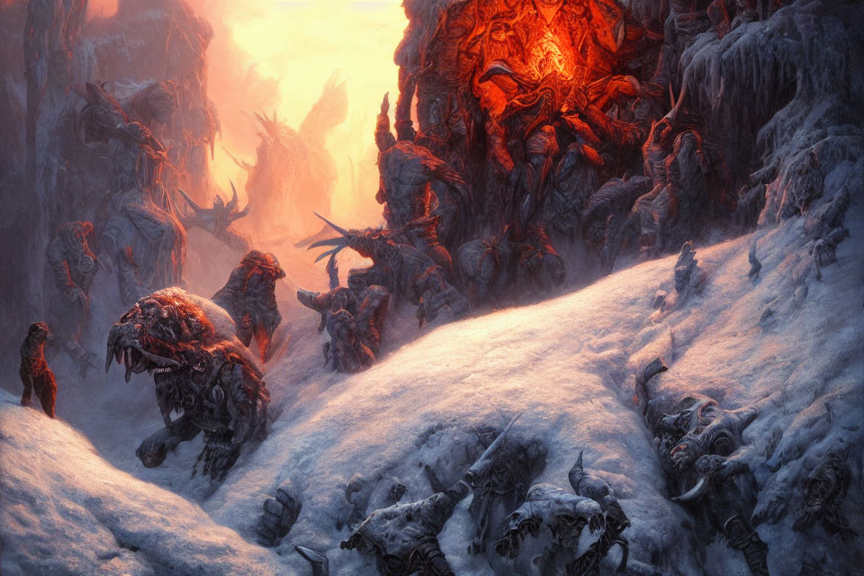 Fantastical scene: Fiery mountain backdrop, armored creatures, snow-covered landscape