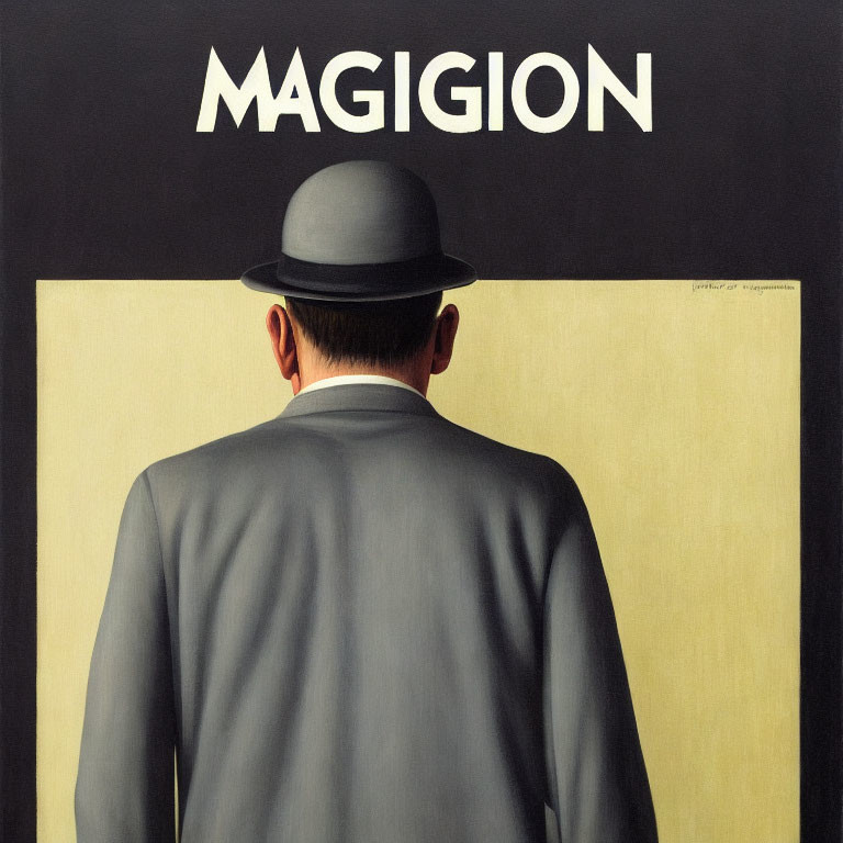 Man in suit and bowler hat with "MAGIGION" on beige wall