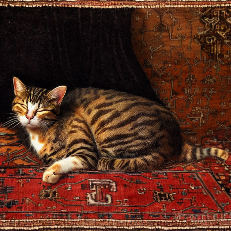 Striped cat resting on colorful oriental carpet with intricate tapestry background.
