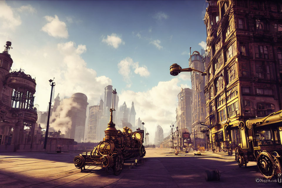 Steampunk-inspired cityscape with retro-futuristic vehicles and elaborate architecture.