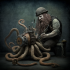 Mechanic working on steampunk mechanical octopus in dim workshop