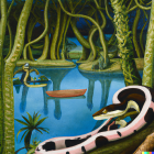 Colorful Snakes in Vibrant Jungle Scene with Green Foliage and Blue Background