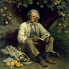 Traditional painting of man with long white hair, book, geometric tools, fruit, and foliage.