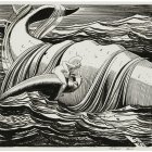 Detailed black and white illustration of giant whale creature carrying boat with people in rough seas