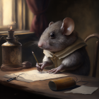 Anthropomorphic mouse in vest with monocle writing, flanked by two mice and a mirror reflection