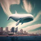 Whimsical cartoon whale flying over coastal cityscape
