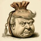Detailed caricature illustration: human face merged with money bag, intricate shading.