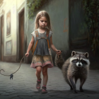 Young girl in vintage dress walks raccoon on leash in serene setting